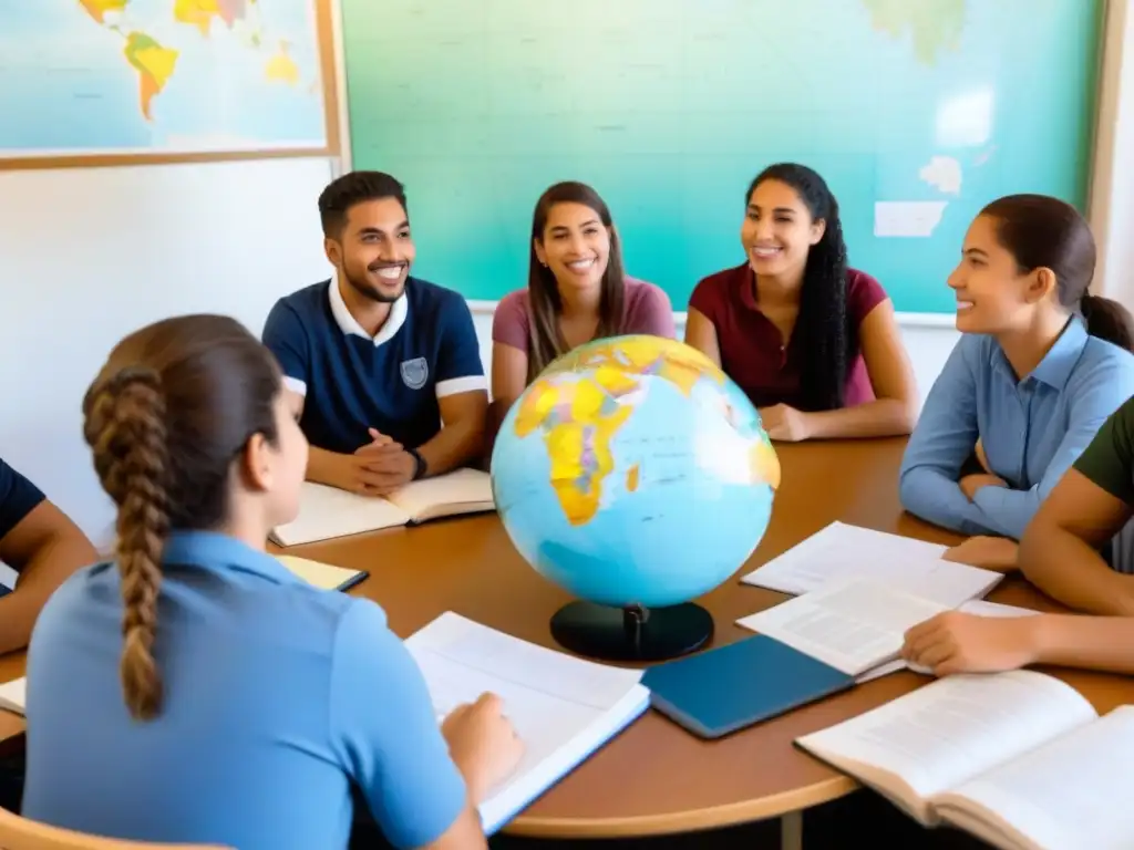 Estudiantes diversos participan animadamente en clase de idiomas en Uruguay