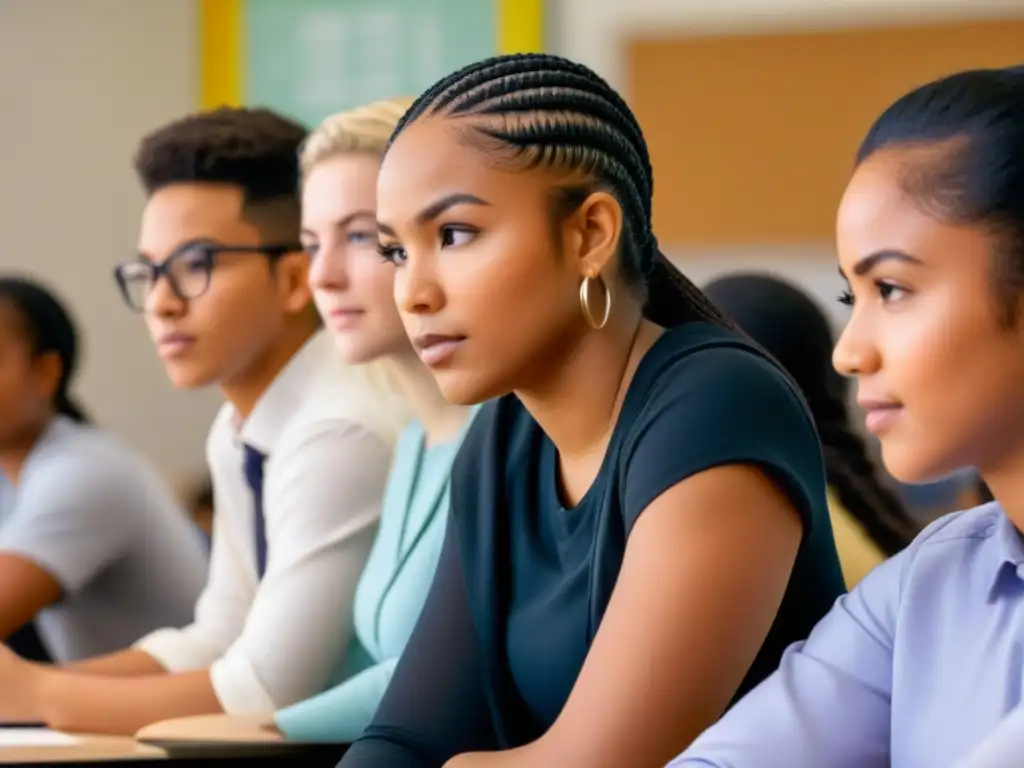 Estudiantes diversos participan en clase con maestra