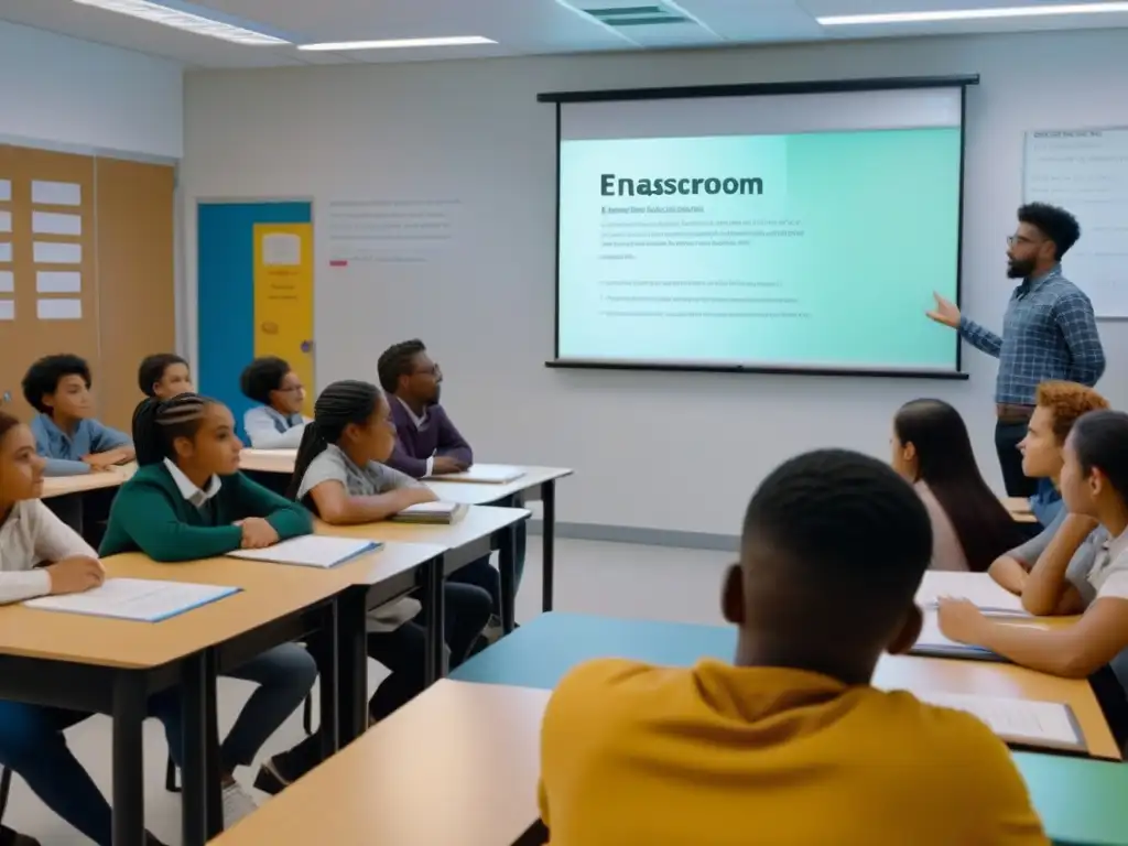 Estudiantes diversos participando activamente en una clase moderna y equipada, escuchando al profesor