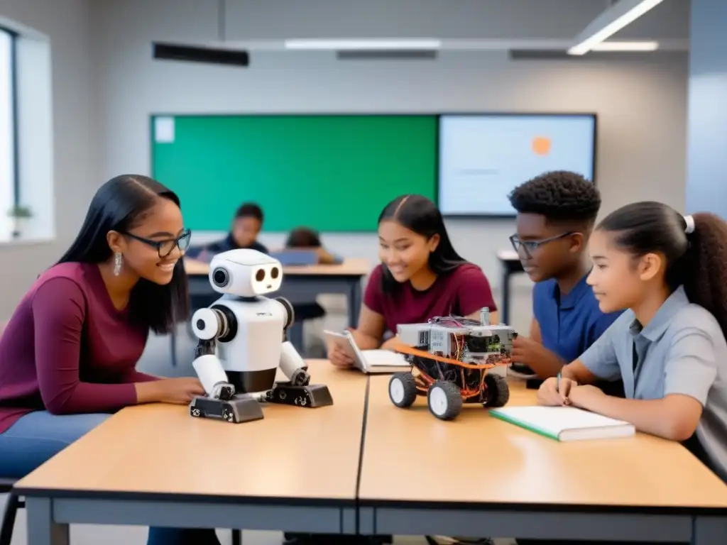 Estudiantes de Uruguay en clase de robótica educativa, armando y programando robots en un aula moderna y tecnológica