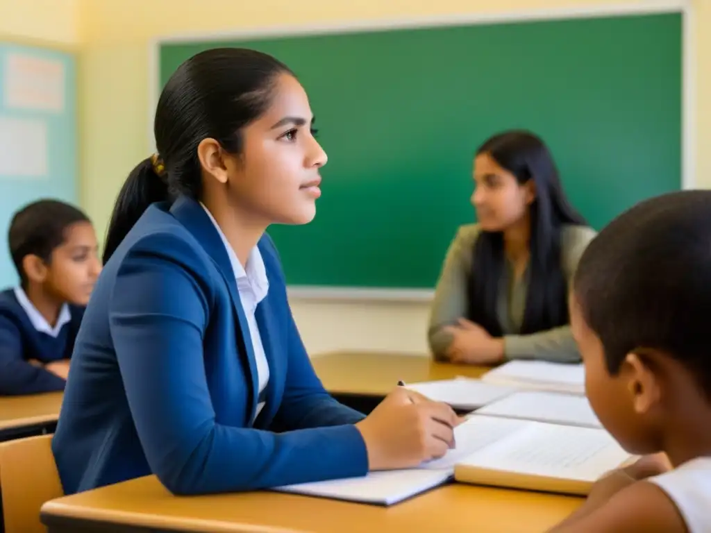 Estudiantes diversos debaten en clase en Uruguay, destacando adaptación sistema educativo estudiantes migrantes