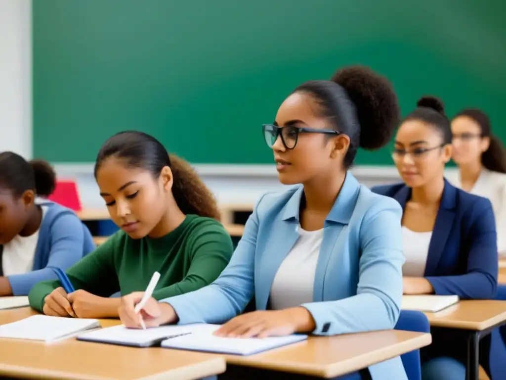 Estudiantes colaborativos en aula moderna: innovación educativa en Uruguay Estudiantes colaborativos en aula moderna, expresando concentración y trabajo en equipo con herramientas educativas digitales