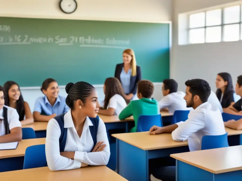 Estudiantes colaborativos en aula moderna en Uruguay