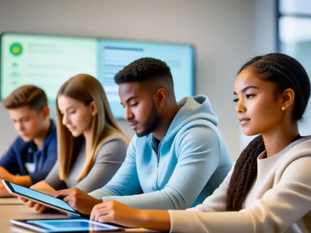 Estudiantes colaborativos con tablets, en aula moderna