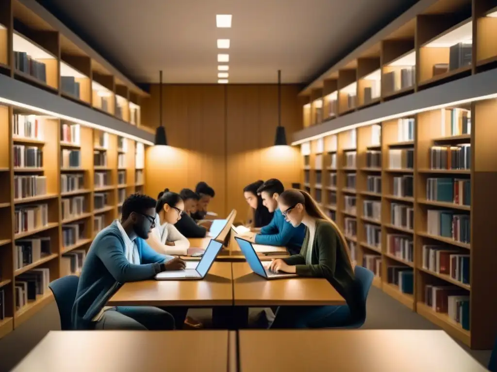 Estudiantes colaborativos en biblioteca universitaria moderna