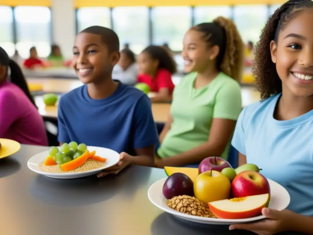 Estudiantes disfrutan de una comida saludable en una cafetería escolar, fomentando la nutrición sostenible en escuelas de Uruguay