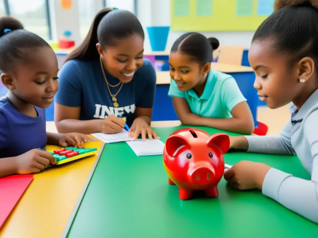 Estudiantes concentrados en actividad financiera educativa con alcancías y calculadoras