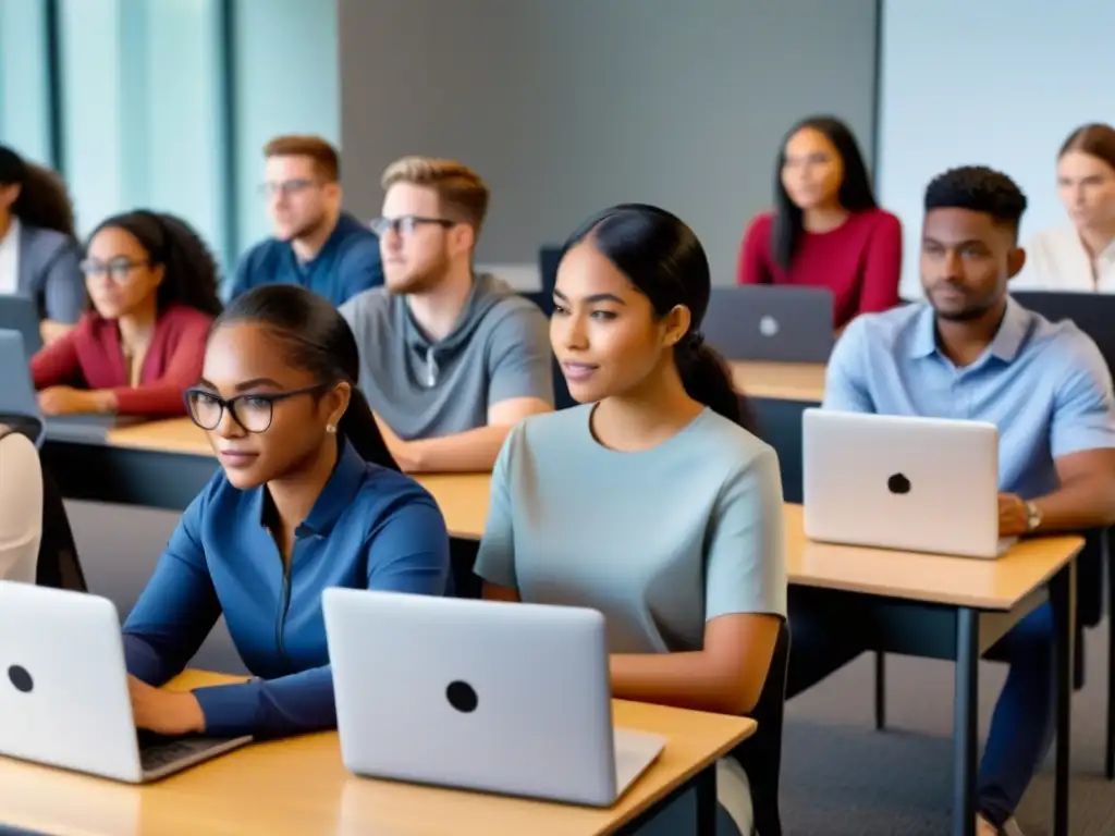 Estudiantes diversos concentrados en aprendizaje híbrido