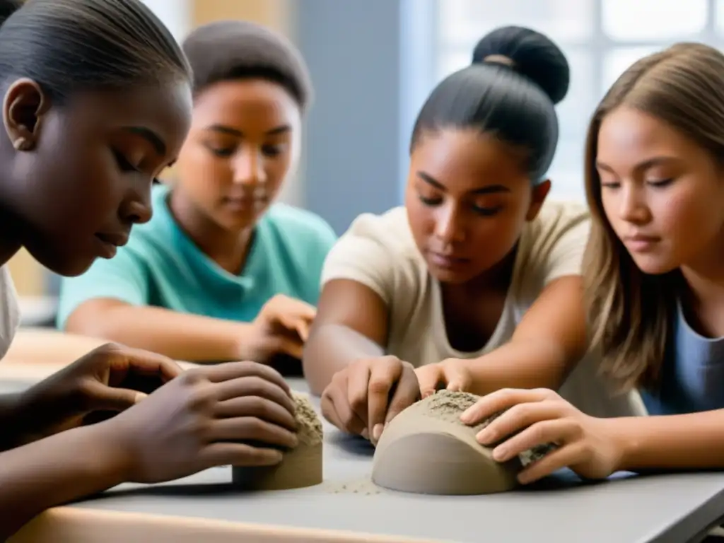 Estudiantes concentrados moldeando arcilla en clase, resaltando la importancia de la escultura educativa