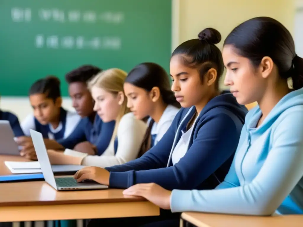 Estudiantes concentrados en aula de Uruguay, usando blogs educativos en Uruguay