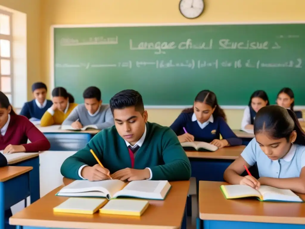 Estudiantes concentrados en aula, estudian diferentes idiomas