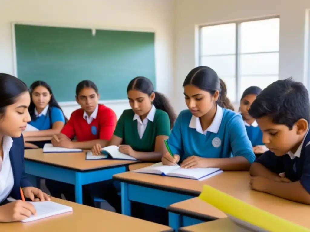 Estudiantes diversos concentrados en aula moderna, promoviendo educación bilingüe migrantes en Uruguay