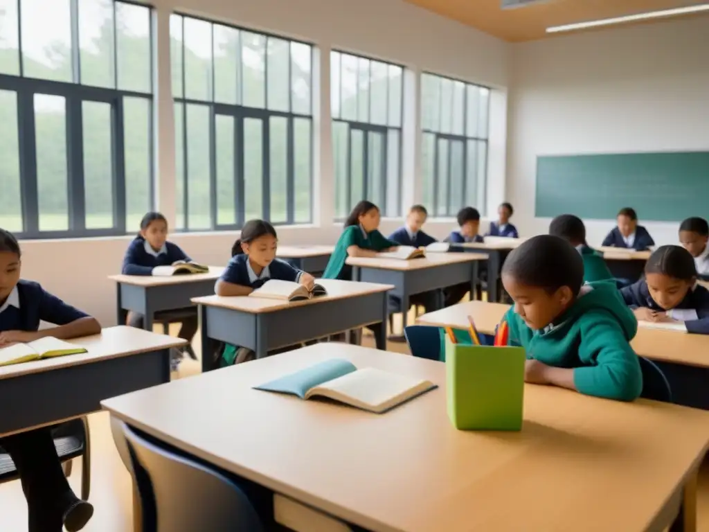 Estudiantes concentrados aprendiendo en un aula tranquila con luz natural