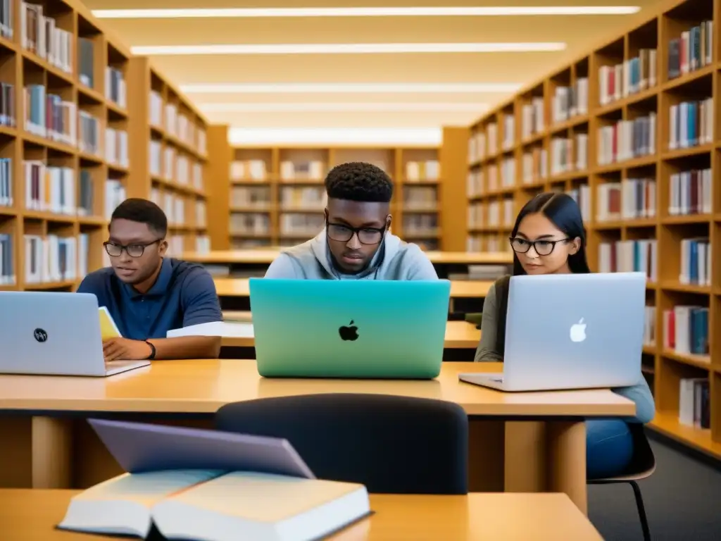 Estudiantes concentrados en biblioteca universitaria, buscando 'Solicitar becas estudios superiores Uruguay'