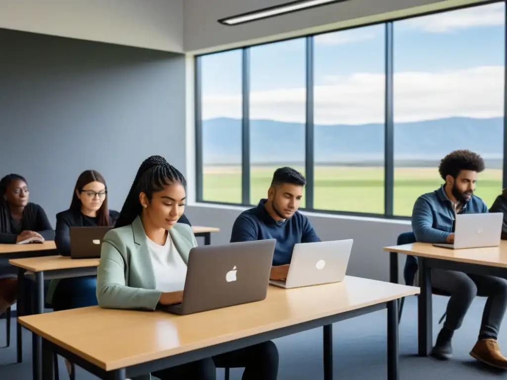 Estudiantes diversos concentrados en cursos certificación online educación Uruguay en aula tecnológica luminosa y moderna