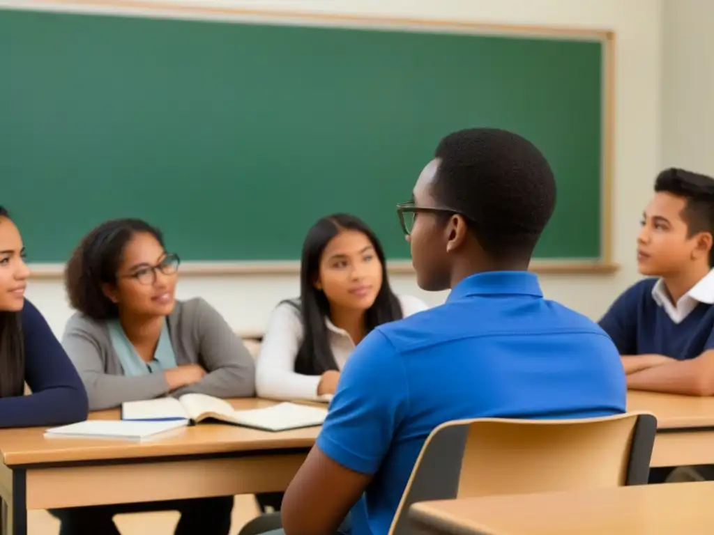 Estudiantes diversos concentrados en discusión en aula, rodeados de material educativo