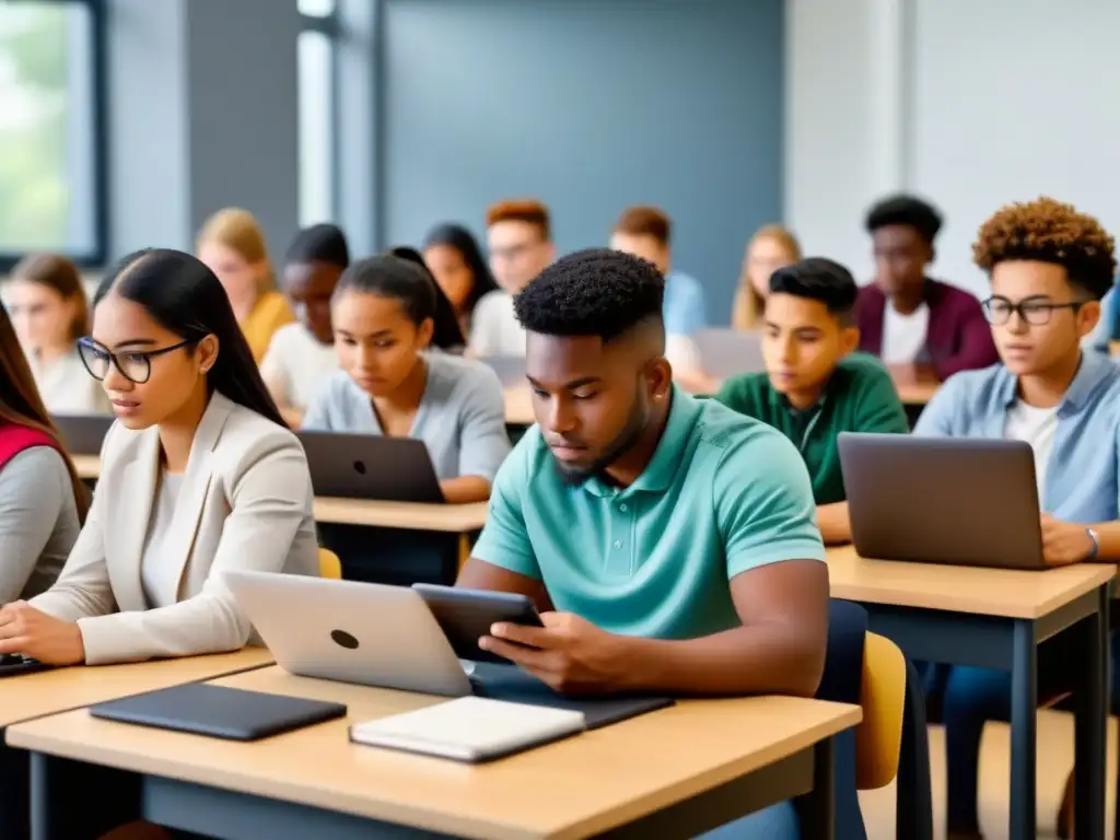 Estudiantes concentrados en dispositivos digitales en aula moderna