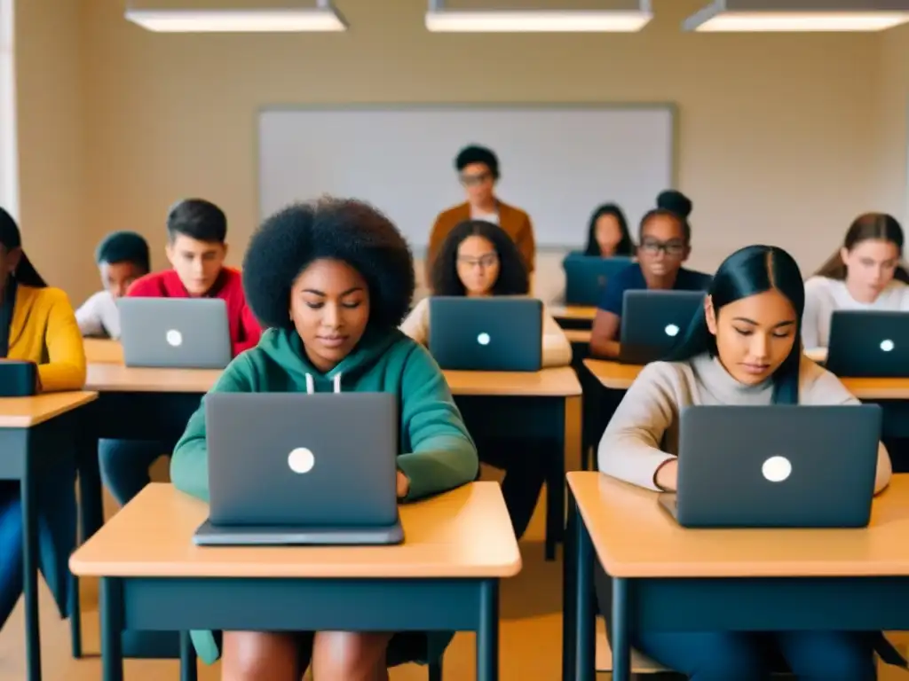 Estudiantes diversos concentrados en sus dispositivos digitales en un aula moderna