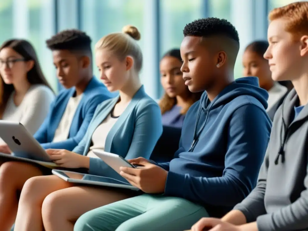 Estudiantes diversos concentrados en dispositivos tecnológicos en aula moderna