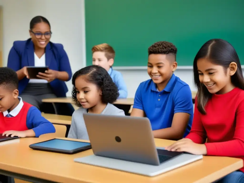 Estudiantes diversos concentrados y entusiasmados usando tecnología en aula moderna