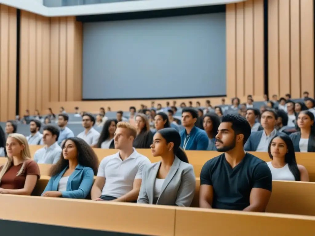 Estudiantes diversos concentrados en sus estudios en un aula, con un edificio gubernamental al fondo, simbolizando las becas educativas en Uruguay