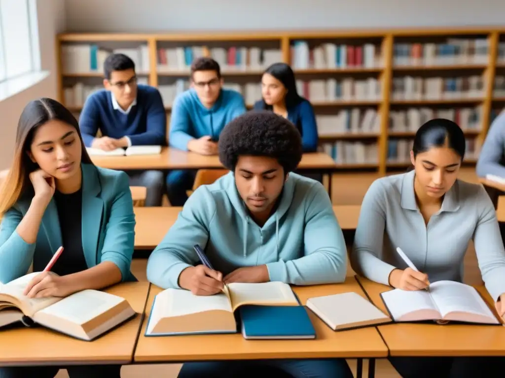 Estudiantes diversos concentrados en sus estudios con recursos educativos variados en un ambiente universitario en Uruguay