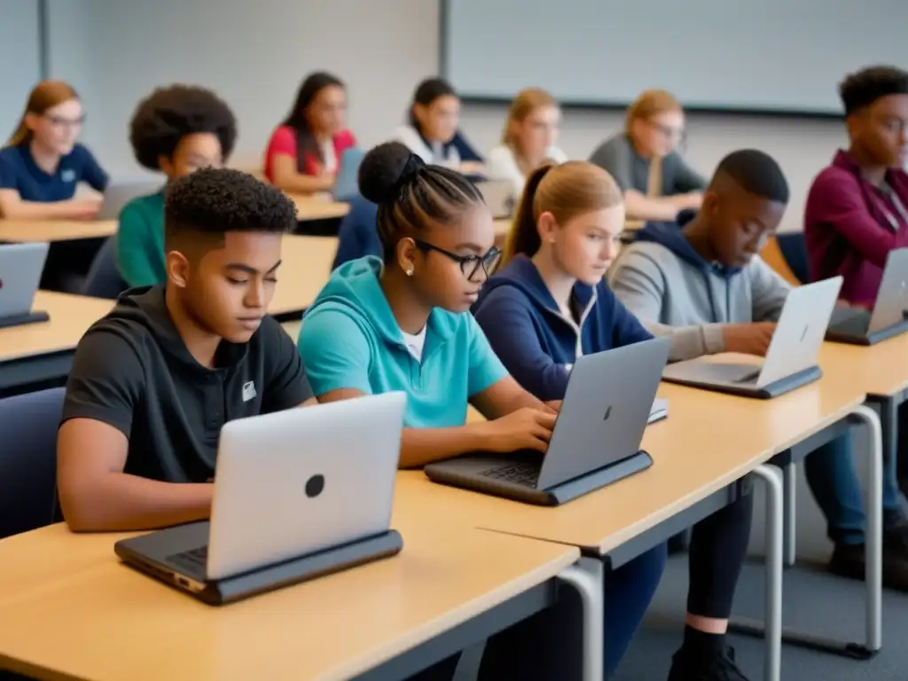 Estudiantes diversos concentrados en sus estudios con tecnología en aula