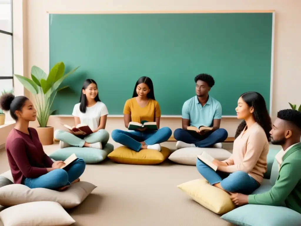 Estudiantes concentrados aprendiendo idiomas de forma natural en aula serena con libros y plantas, destacando multiculturalismo