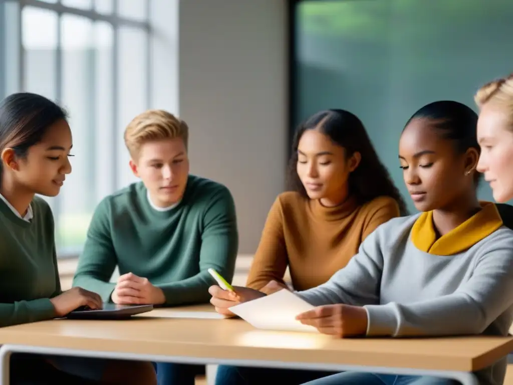 Estudiantes concentrados interactúan con contenido de idiomas en redes sociales en aula moderna de Uruguay