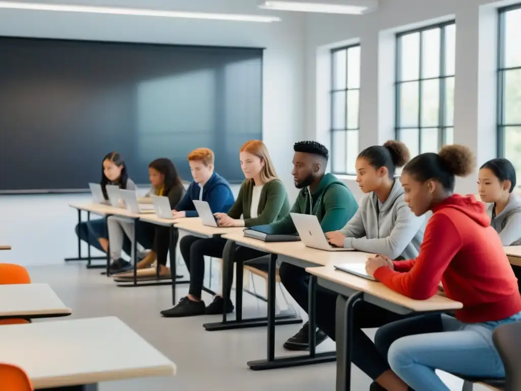 Estudiantes concentrados en lección de idiomas usando redes sociales en aula moderna de Uruguay