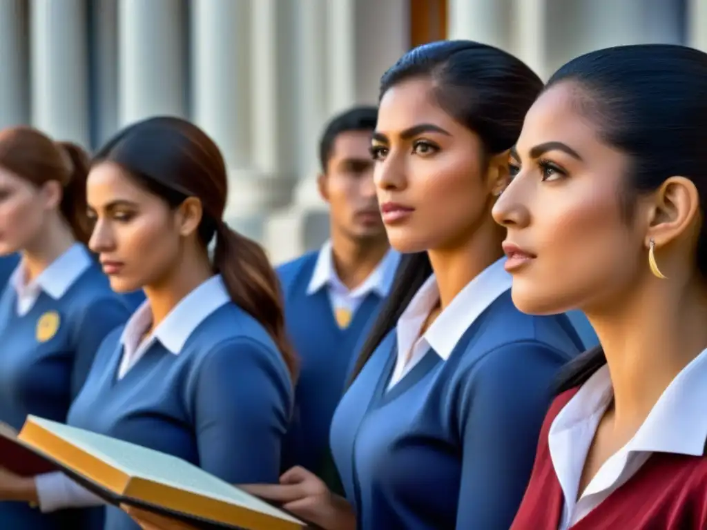 Estudiantes diversos concentrados en libros bilingües, reflejando programas bilingües efectivos en Uruguay