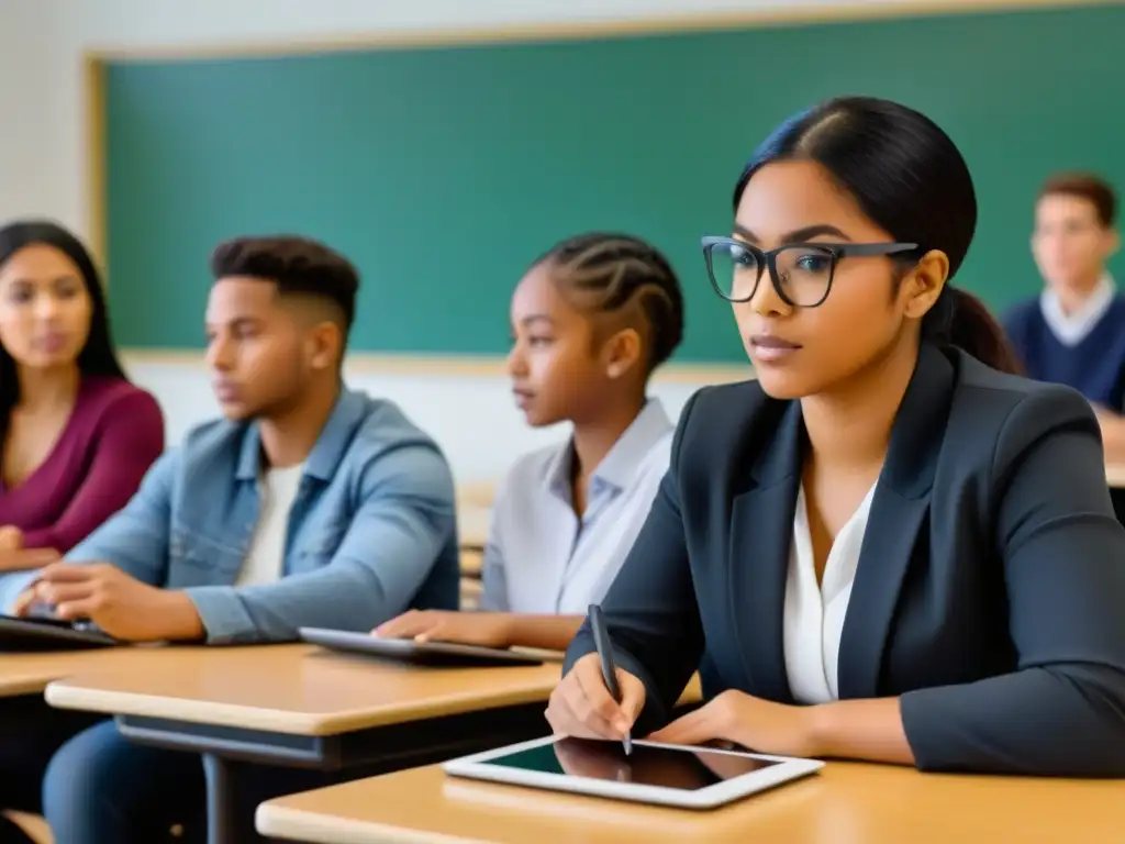 Estudiantes diversos concentrados en sus tablets en aula de Uruguay