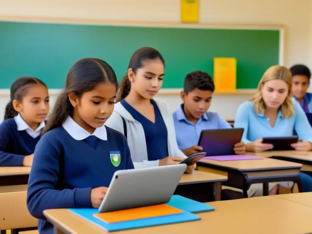 Estudiantes concentrados colaborando con tecnología en aula bilingüe en Uruguay