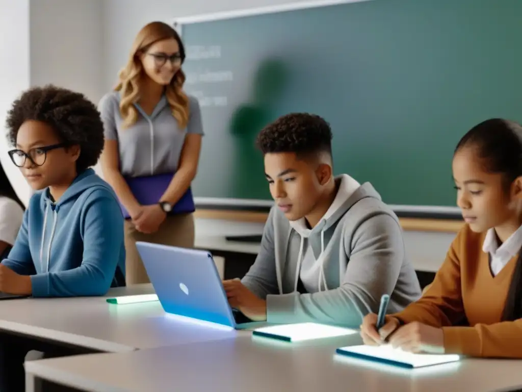 Estudiantes diversos concentrados usando tecnología avanzada en aula moderna