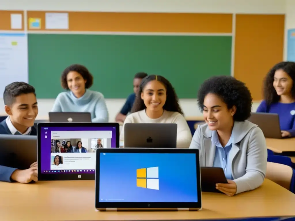 Estudiantes en Uruguay conectados en Microsoft Teams educación, colaborando digitalmente en clase