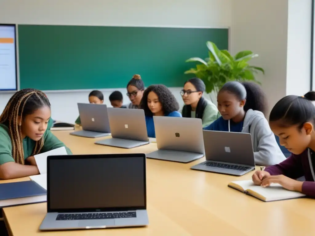 Estudiantes creativos de diversa procedencia trabajan en narrativa digital en un aula moderna de Uruguay