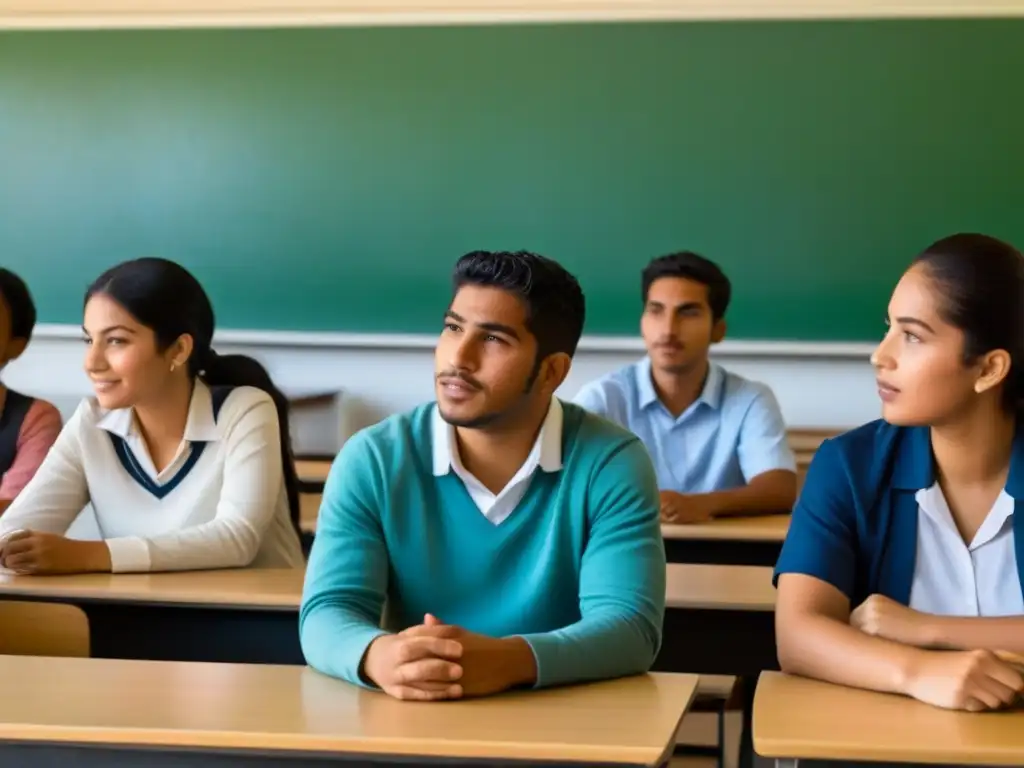 Estudiantes de diversas culturas colaboran en aula moderna, reflejando adaptación del sistema educativo para estudiantes migrantes en Uruguay