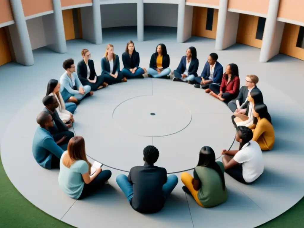 Estudiantes de diversas culturas dialogan en círculo en universidad, promoviendo justicia social