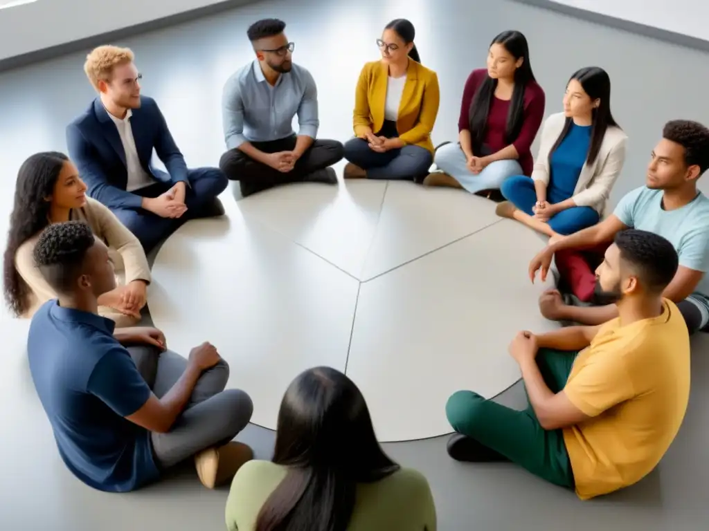 Estudiantes de diversas culturas en círculo, unidos en una clase moderna con luz natural