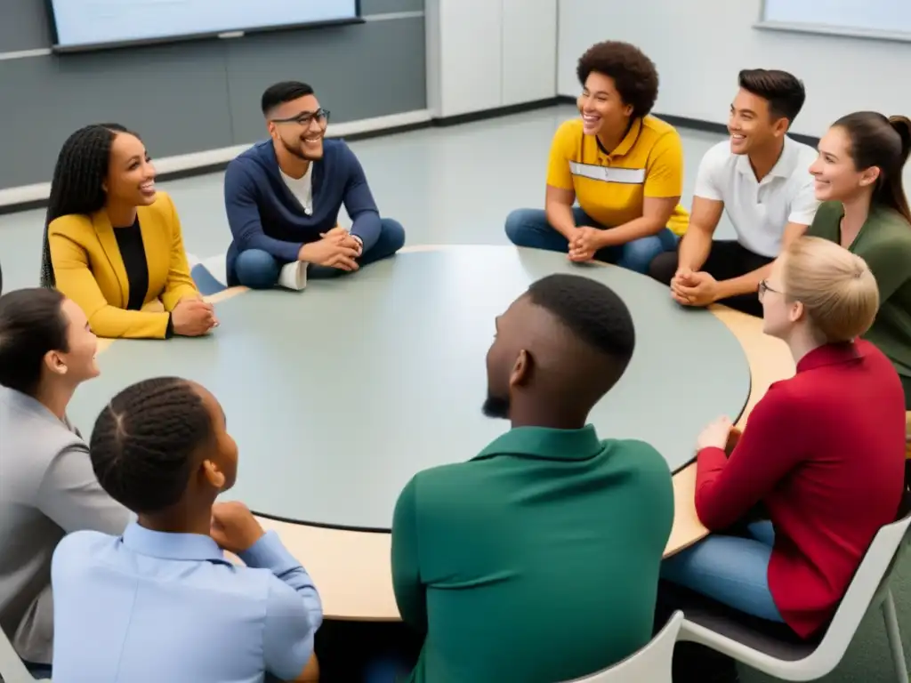 Estudiantes con diversas culturas intercambian recursos educativos en un aula moderna y minimalista, simbolizando la unidad en el aprendizaje