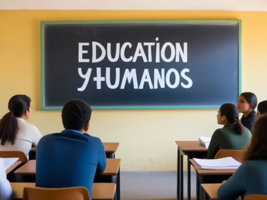 Estudiantes diversos debaten sobre derechos humanos en aula luminosa de Uruguay