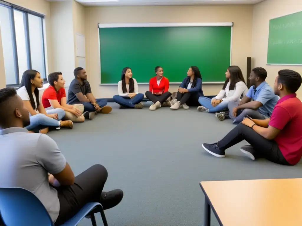 Estudiantes participan activamente en discusión colaborativa en aula