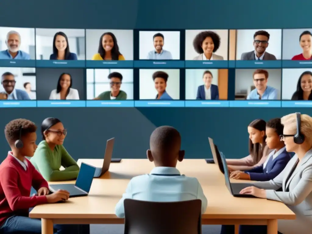 Diversos estudiantes en educación a distancia, concentrados en sus dispositivos en un aula virtual