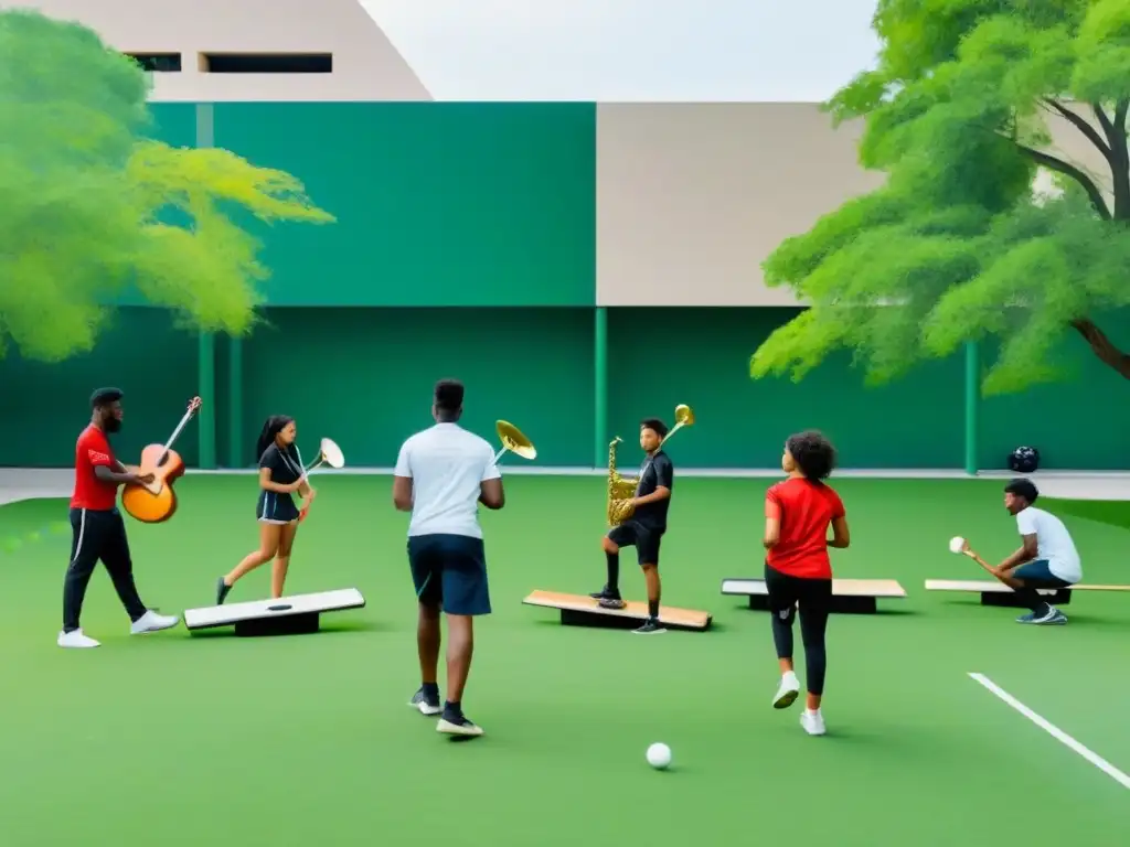 Estudiantes diversas realizando actividades extracurriculares en un campus verde y moderno, simbolizando la resiliencia educativa