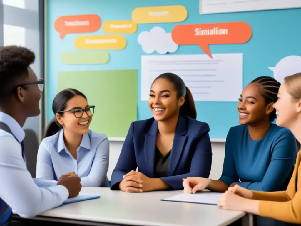 Estudiantes diversas participan en simulación educativa, fomentando evaluación competencias educación en Uruguay