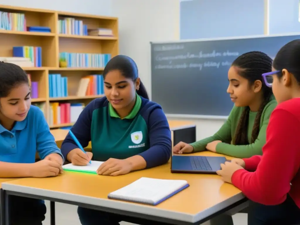 Estudiantes diversas colaboran con entusiasmo en un aula moderna de Uruguay, practicando el Aprendizaje Basado en Proyectos