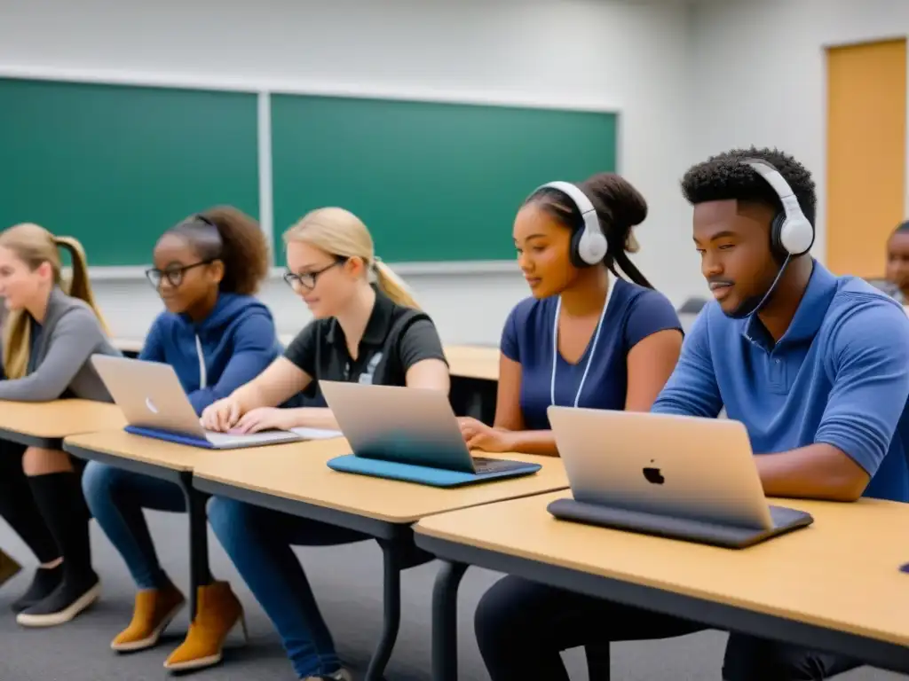 Estudiantes colaborando: innovación en educación híbrida Estudiantes de diversidad en clase híbrida, laptops y tablets, colaborando en proyecto