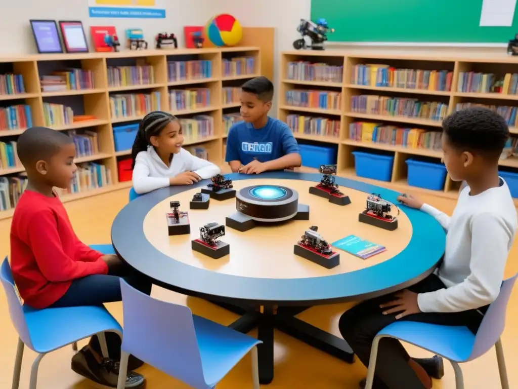 Estudiantes de diversidad étnica ensamblan y programan robots en un aula moderna