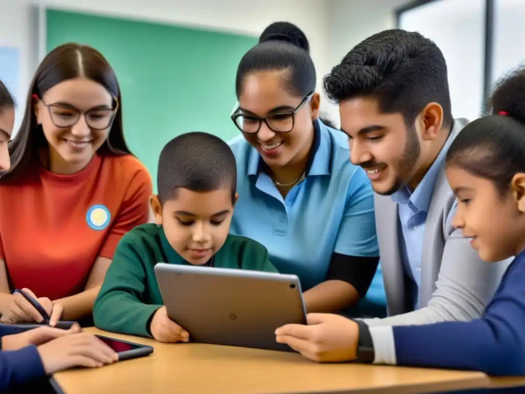 Inclusión digital y diversidad en aula uruguaya Estudiantes con diversidad de habilidades trabajan juntos en tablets, destacando la inclusión en aulas de Uruguay