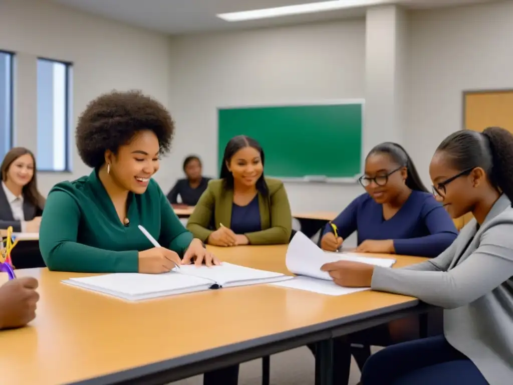 Estudiantes participando en evaluación con diversidad e inclusión en aula moderna